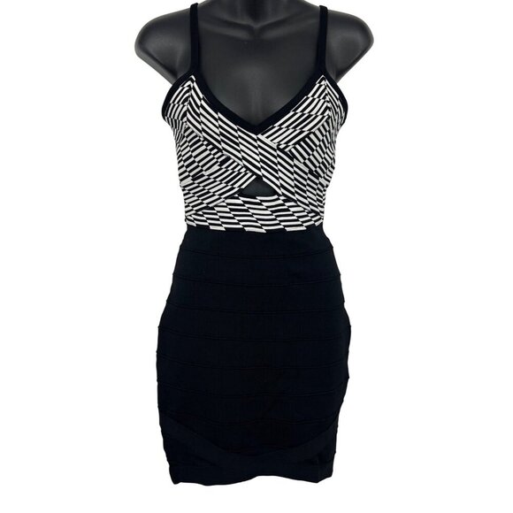 Bebe Black White Stripe Bandage Mini Dress Size Small S Bodycon V-Neck Sexy New - Picture 1 of 11